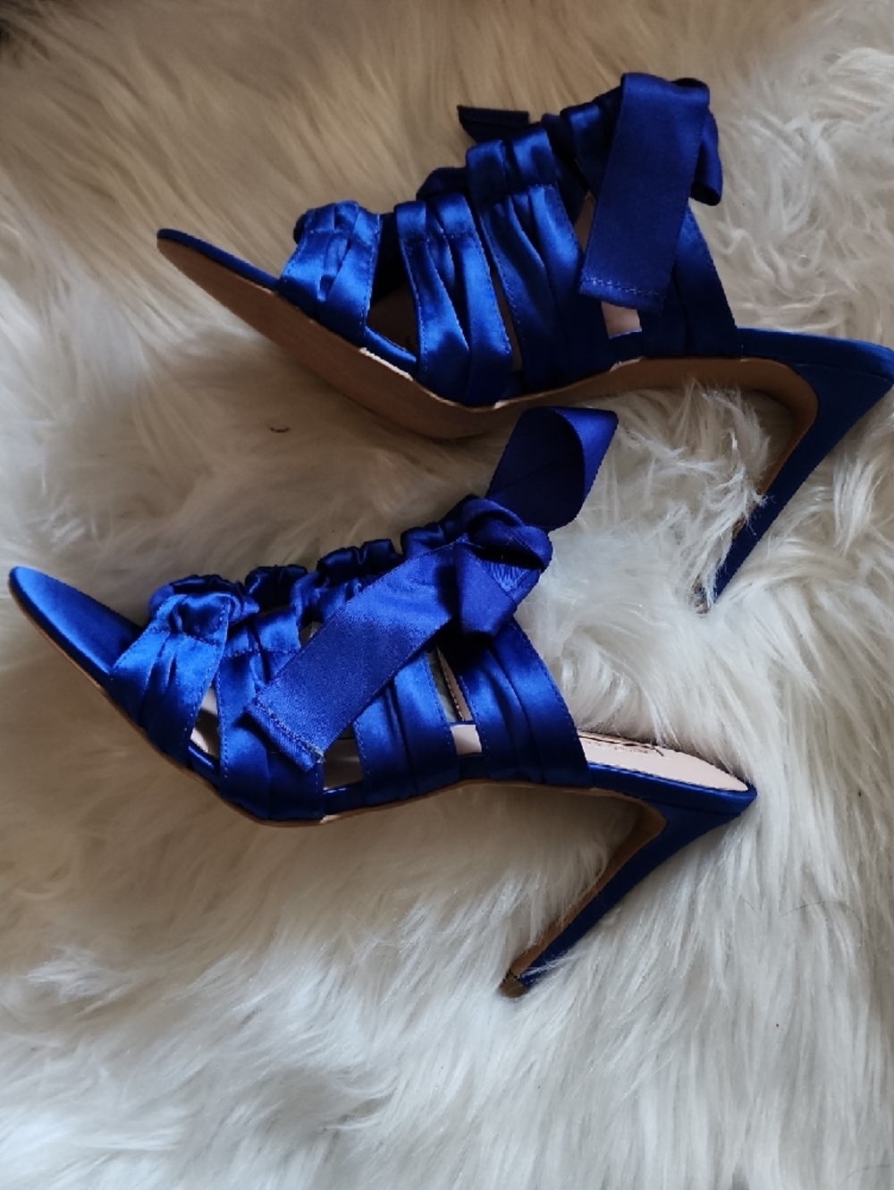 Avec Les Filles Janelle Ultramarine Blue Satin Ankle Tied Heels 